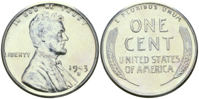 США 1 цент 1943 S (Сан-Франциско), Авраам Линкольн KM 132 a сталь плакированная цинком 96-1217