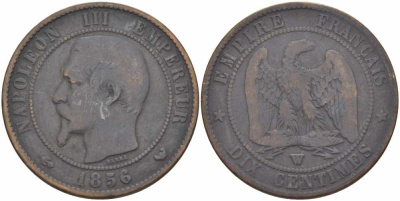 Франция 10 сантимов 1856 W, Наполеон III (1852-1870) KM 771.7, Le Franc 133.38 бронза    4680-633