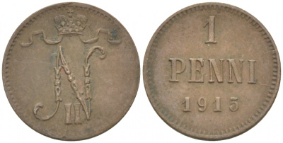 РОССИЯ ДЛЯ ФИНЛЯНДИИ 1 ПЕННИ 1915 НИКОЛАЙ II KM 13, Биткин 475 медь 211-1011