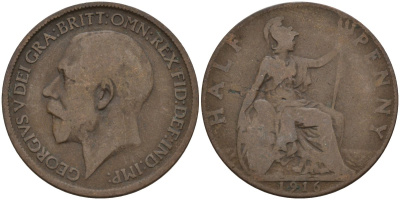 Великобритания 1/2 пенни 1916 Георг V (1910-1936) KM 809, Spink 4056 бронза 4146-134