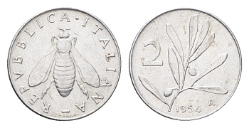 Италия 2 лиры 1954 R, оливковая ветвь, пчела KM 94 алюминий 4705-612