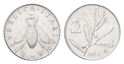Италия 2 лиры 1954 R, оливковая ветвь, пчела KM 94 алюминий 4705-612