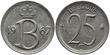 Бельгия 25 сантимов 1967 Belgique, Бодуэн I (1951-1993) KM 153.1 медно-никель 99-417
