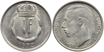 ЛЮКСЕМБУРГ 1 ФРАНК 1972 ВЕЛИКИЙ ГЕРЦОГ ЖАН KM 55 медно-никель 4398-834