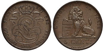 БЕЛЬГИЯ 5 САНТИМОВ 1848 BELGES KM 5.1 медь 02-264-42