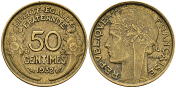 Франция 50 сантимов 1932 KM 894.1, Le Franc 192.15 алюминиевая бронза 4596-754