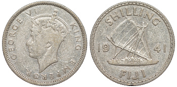 Фиджи 1 шиллинг 1941 Георг VI (1936-1952), парусник KM 12 серебро    91-1045