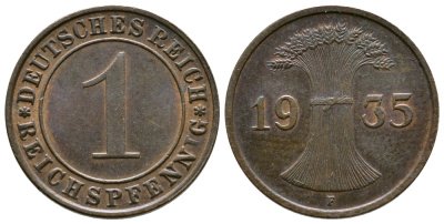 Германия 1 рейхспфенниг 1935 F KM 37, J. 313 бронза 220-125