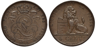 БЕЛЬГИЯ 5 САНТИМОВ 1848 BELGES KM 5.1 медь 02-264-42