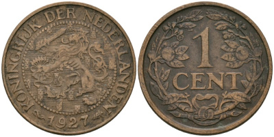 Нидерланды 1 цент 1927 Вильгельмина (1890-1948) KM 152 бронза 4576-1111