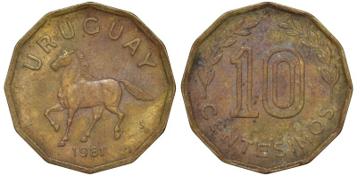 Уругвай 10 сентесимо 1981 KM 66 алюминиевая бронза 4169-467
