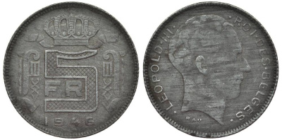 БЕЛЬГИЯ 5 ФРАНКОВ 1946 BELGES, ГЕРМАНСКАЯ ОККУПАЦИЯ, ВТОРАЯ МИРОВАЯ ВОЙНА KM 129.1 цинк 27-954