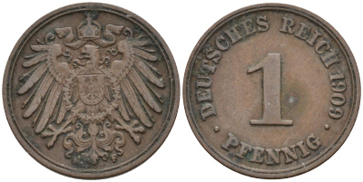 Германия 1 пфенниг 1909 F KM 10, J. 10 медь 4594-1248