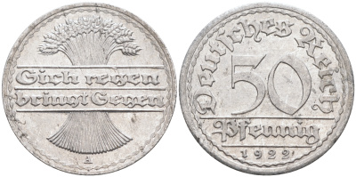 Германия 50 пфеннигов 1922 А KM 27 J.301 алюминий  UNC  4589-231