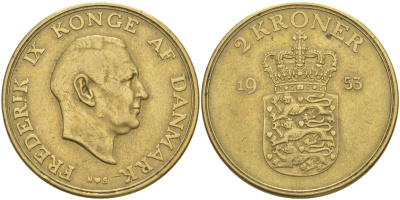 Дания 2 кроны 1955 N; S, Фредерик IX (1947-1972) KM 838.1 алюминиевая бронза 4111-434