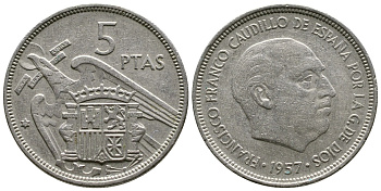 ИСПАНИЯ 5 ПЕСЕТ 1957 (58) ФРАНСИСКО ФРАНКО ДИКТАТОР ИСПАНИИ (1939-1975) KM 786 медно-никель 4364-2041