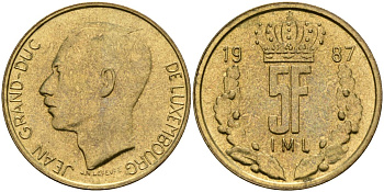 Люксембург 5 франков 1987 Великий герцог Жан (1964-1999) KM 60.1 латунь 4135-1052