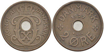 ДАНИЯ 2 ЭРЕ 1927 HCN; GJ, КРИСТИАН X (1912-1947) KM 827.1 бронза 31-341