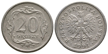 Польша 20 грошей 1991 MW KM 280 медно-никель 220-448