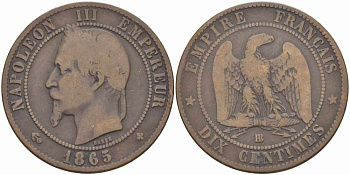 ФРАНЦИЯ 10 САНТИМОВ 1865 BB, НАПОЛЕОН III (1852-1870) KM 798.2, LE FRANC 134.15 бронза 4389-1016
