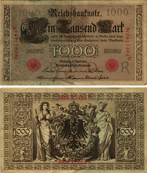ГЕРМАНИЯ 1000 МАРОК 1910 21 АПРЕЛЯ 1910, КРАСНАЯ ПЕЧАТЬ, 7 ЦИФР В НОМЕРЕ, БУКВА R, СЕРИЯ К, ВЫПУСК АВГУСТ 1922 Pick 44b, Розенберг 45с бумага 8615-3-1-1