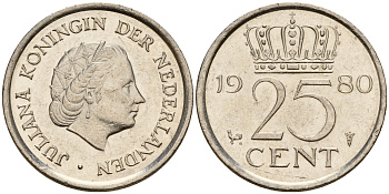 Нидерланды 25 центов 1980 Юлиана (1949-1980) KM 183 никель    4598-534