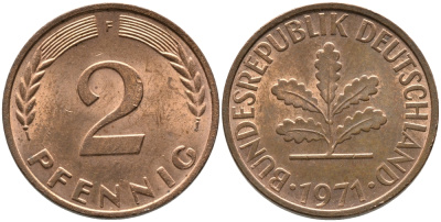 ФРГ 2 пфеннига 1971 F KM 106а, J. 381а сталь плакированная медью 99-1269