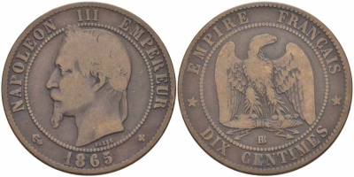 ФРАНЦИЯ 10 САНТИМОВ 1865 BB, НАПОЛЕОН III (1852-1870) KM 798.2, LE FRANC 134.15 бронза 4389-1016
