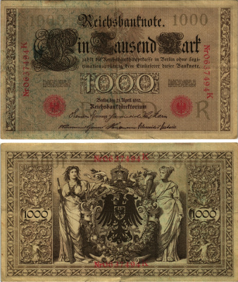 ГЕРМАНИЯ 1000 МАРОК 1910 21 АПРЕЛЯ 1910, КРАСНАЯ ПЕЧАТЬ, 7 ЦИФР В НОМЕРЕ, БУКВА R, СЕРИЯ К, ВЫПУСК АВГУСТ 1922 Pick 44b, Розенберг 45с бумага 8615-3-1-1