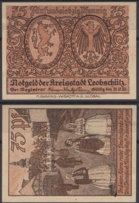 Леобшютц 75 пфеннигов 1922 Grabowski 793.1F-5/5 бумага UNC (пресс) 8601-10-4-1