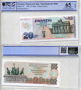 ГДР 20 марок 1989 22 декабря 1989, Бранденбургские ворота, в слабе PCGS 65 Gem UNC Pick CS1 бумага UNC (пресс) 00-00