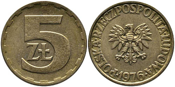 Польша 5 злотых 1976 монетный двор Ленинград (ЛМД) KM 81.1, Parchimowicz 221b латунь 110-842