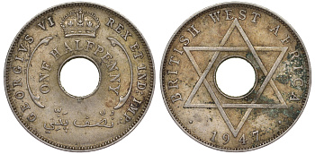 Британская Западная Африка 1/2 пенни 1947 H, Георг VI KM 18 медно-никель 25-1811