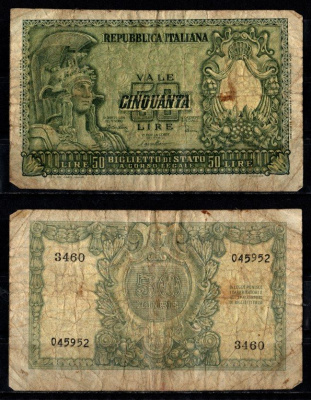 Италия 50 лир 1951 Pick 91 b бумага 2198-23-1-1