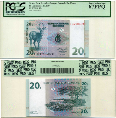 ДР Конго 20 сантимов 1997 в слабе PCGS 67 Superb Gem New Pick 83a бумага UNC (пресс) 452-1-117