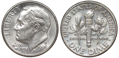 США 10 центов = 1 дайм 1995 Рузвельт, "D" - Денвер KM 195a медь плакированная медно-никелем 4173-653