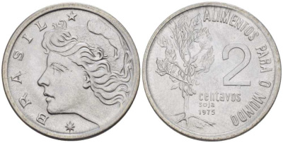 БРАЗИЛИЯ 2 СЕНТАВО 1975 FAO, ГОЛОВА СВОБОДЫ KM 586 нержавеющая сталь 105-816
