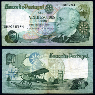 Португалия 20 эскудо 1978 4 октября 1978, Гагу Коутинью, signatures: Em?lio Rui da Veiga Peixoto Vilar & V?tor Manuel Ribeiro Const?ncio Pick 176b(2) бумага 7204-22-1-2