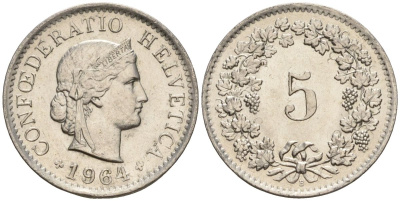 Швейцария 5 раппенов 1964 B KM 26 медно-никель 4608-453