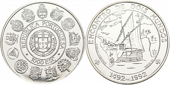 Португалия 1000 эскудо 1992 500 летие открытия Америки (1492-1992), встреча двух миров KM 657 серебро UNC 1081-6-24