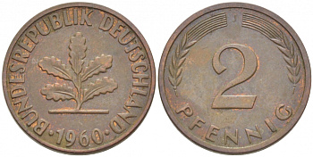 ФРГ 2 ПФЕННИГА 1960 J KM 106, J. 381 бронза 3955-633