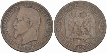 ФРАНЦИЯ 5 САНТИМОВ 1862 K, НАПОЛЕОН III (1852-1870) KM 797.3, LE FRANC 117.7 бронза 108-527
