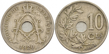 БЕЛЬГИЯ 10 САНТИМОВ 1920 BELGIQUE KM 85.1 медно-никель 4529-133