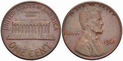 США 1 цент 1961 Авраам Линкольн KM 201 медь цинк 105-644
