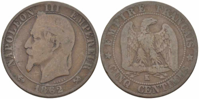 ФРАНЦИЯ 5 САНТИМОВ 1862 K, НАПОЛЕОН III (1852-1870) KM 797.3, LE FRANC 117.7 бронза 108-527