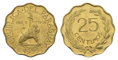 Парагвай 25 сентимо 1953 лев, фригийский колпак на шесте KM 27 алюминиевая бронза UNC 4119-1133