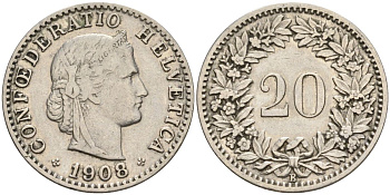 Швейцария 20 раппенов 1908 B KM 29 никель 4606-742