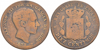 ИСПАНИЯ 10 СЕНТИМО 1877 OM, АЛЬФОНСО XII (1874-1885) KM 675 (Y70) бронза 3855-544