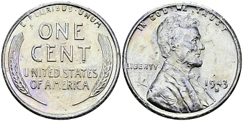 США 1 цент 1943 S (Сан-Франциско), Авраам Линкольн KM 132 a сталь плакированная цинком 94-1135