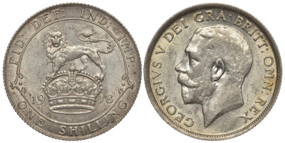 Великобритания 1 шиллинг 1918 Георг V (1910-1936) KM 816, Spink 4013 серебро 1074-8-71